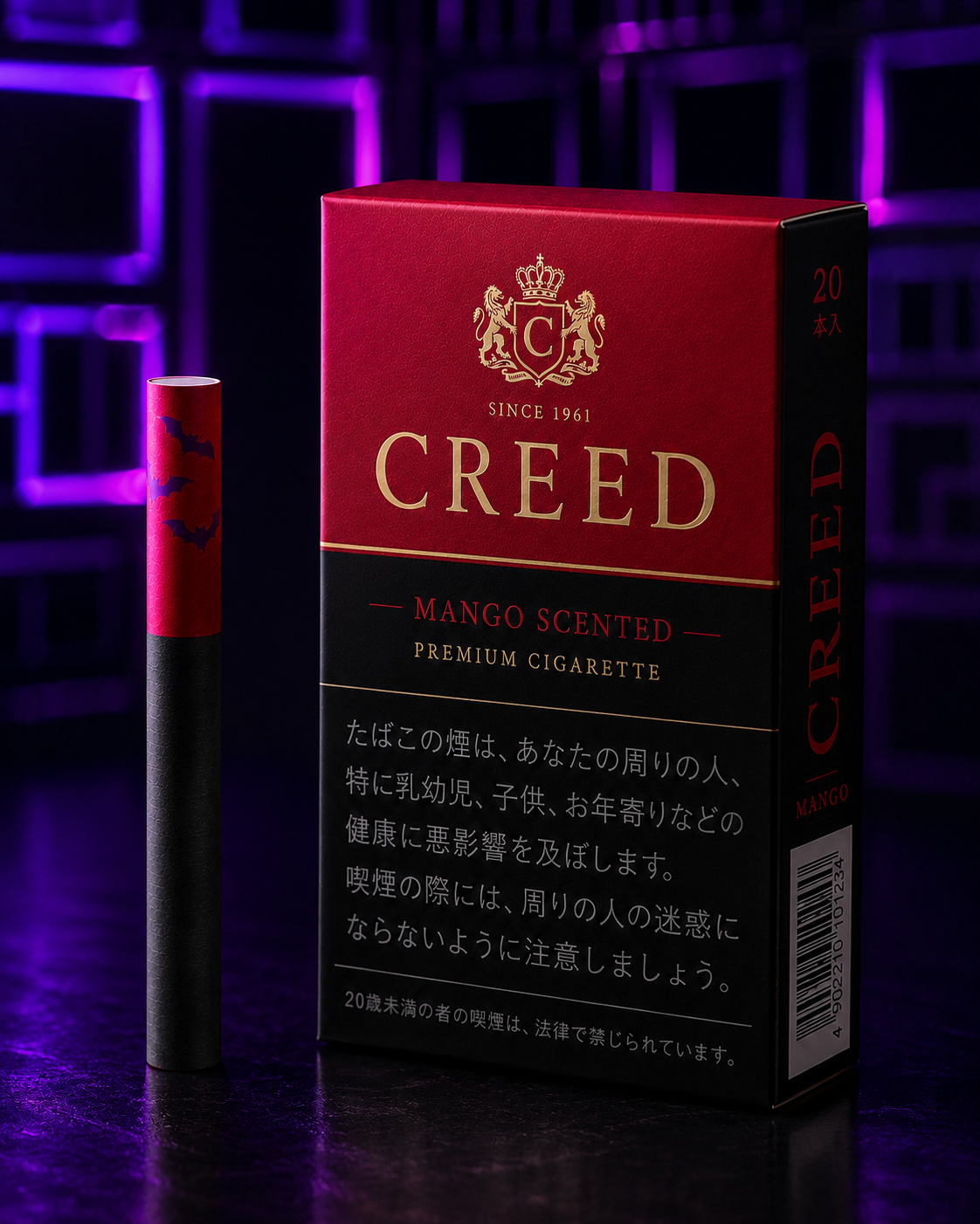 Closed red and black CREED Mango Scented box beside one cigarette with a red upper section, black filtered section, and purple bats