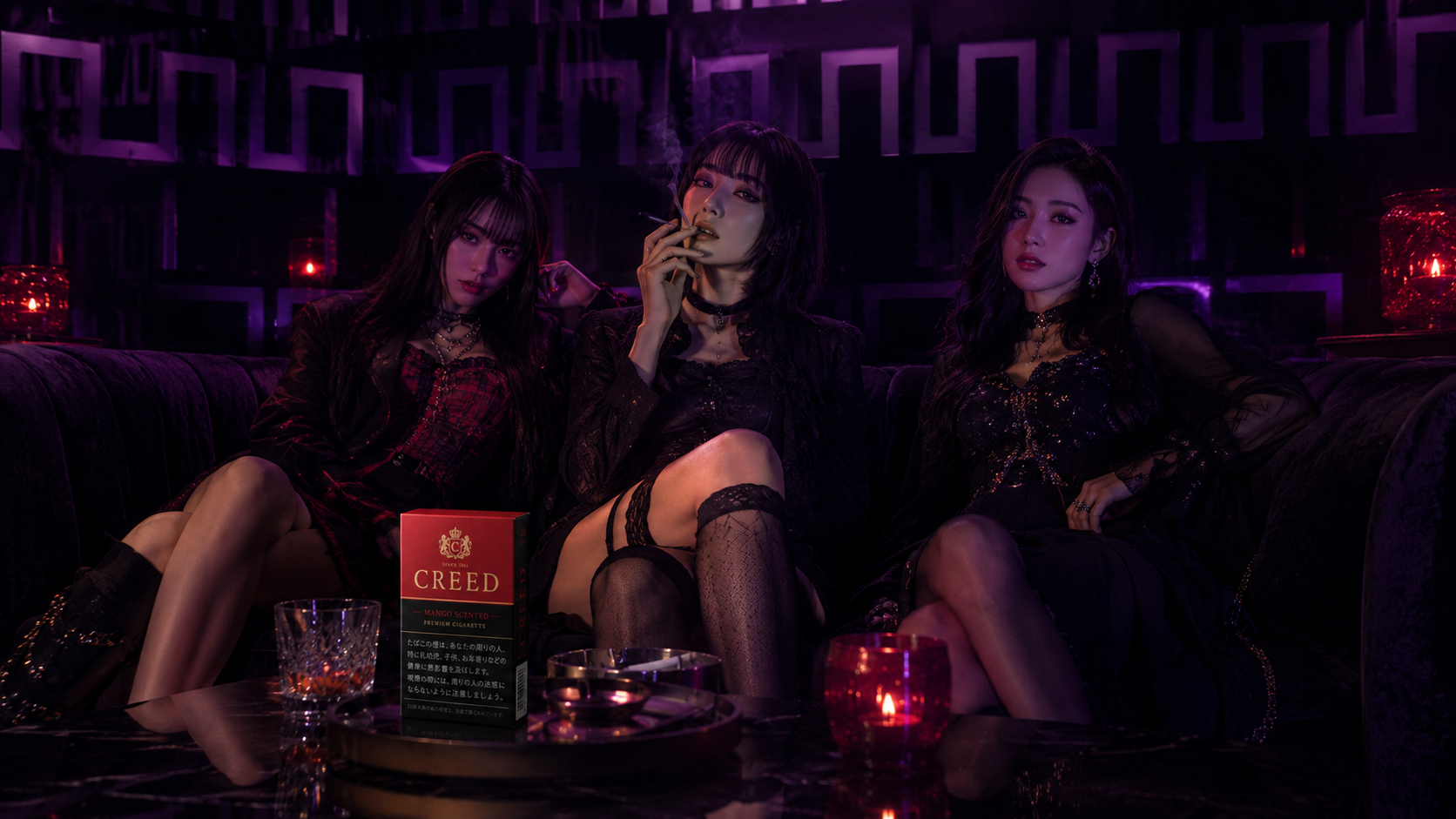 Three adult women seated on a couch in a purple-lit lounge with CREED branding